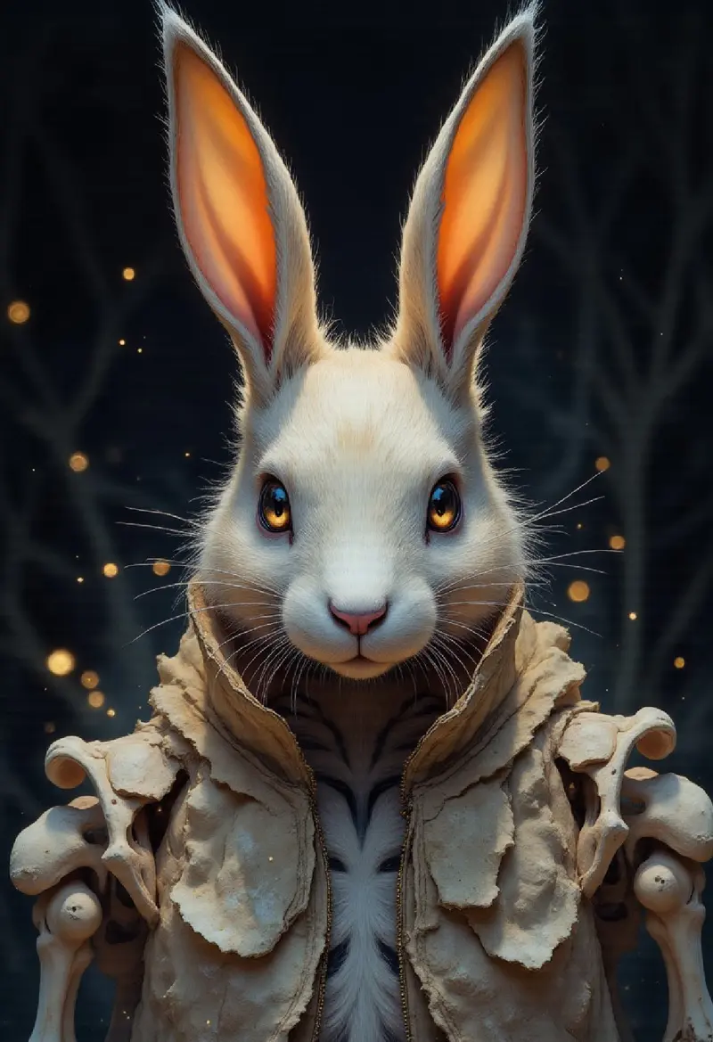 A hyper-realistic Close up shot of a rabbit completely made of bones, full body zoomed in, ultra  photo, 3d render, arch