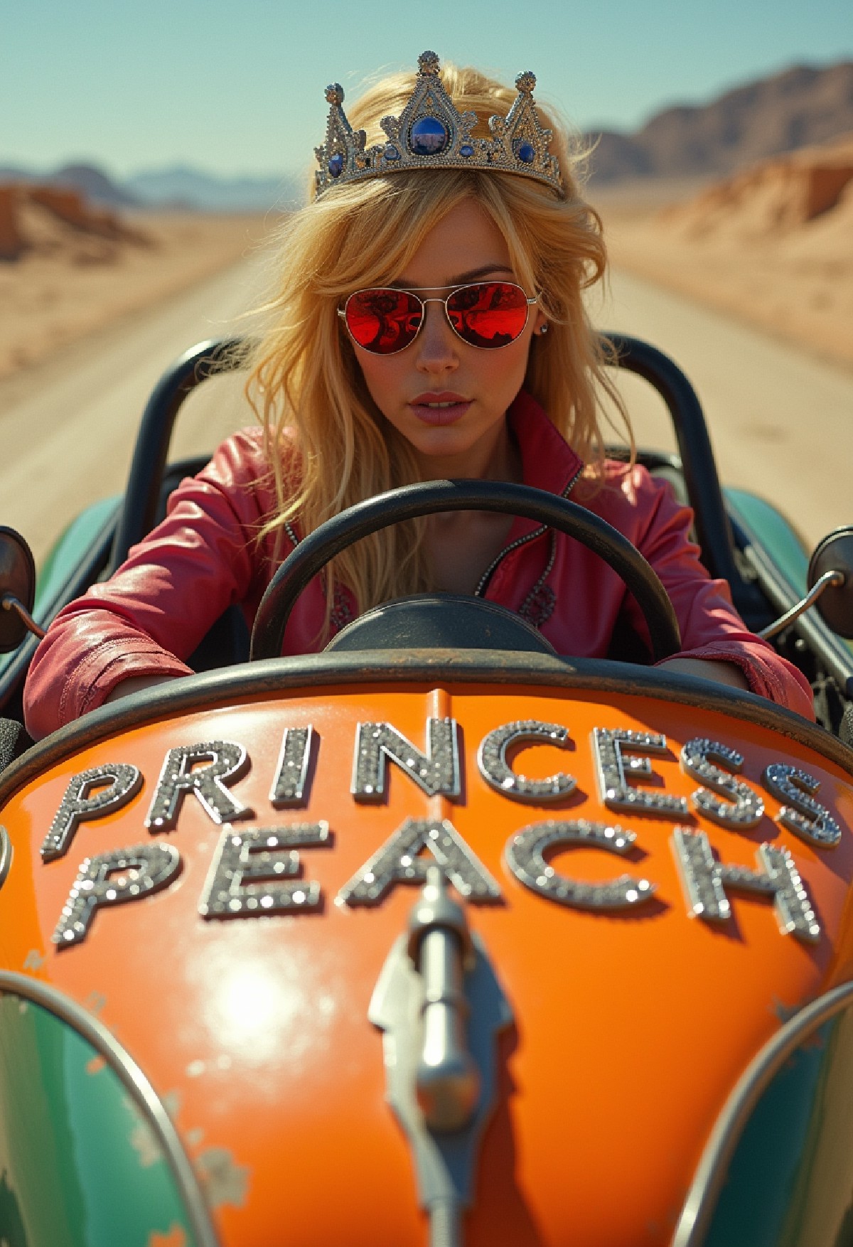 Detailed, bold colors, awe inspiring, photography inspired by Jeremy Mann, 30mm shot, action scene, Princess Peach racin