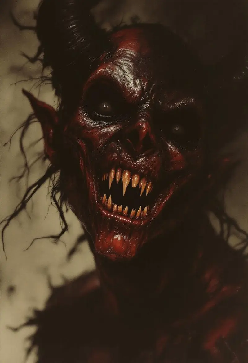 grainy, sepia, creepy setting . (Creepypasta - Hellish demon with glossy dark red skin, scary smile, calls out to his ma