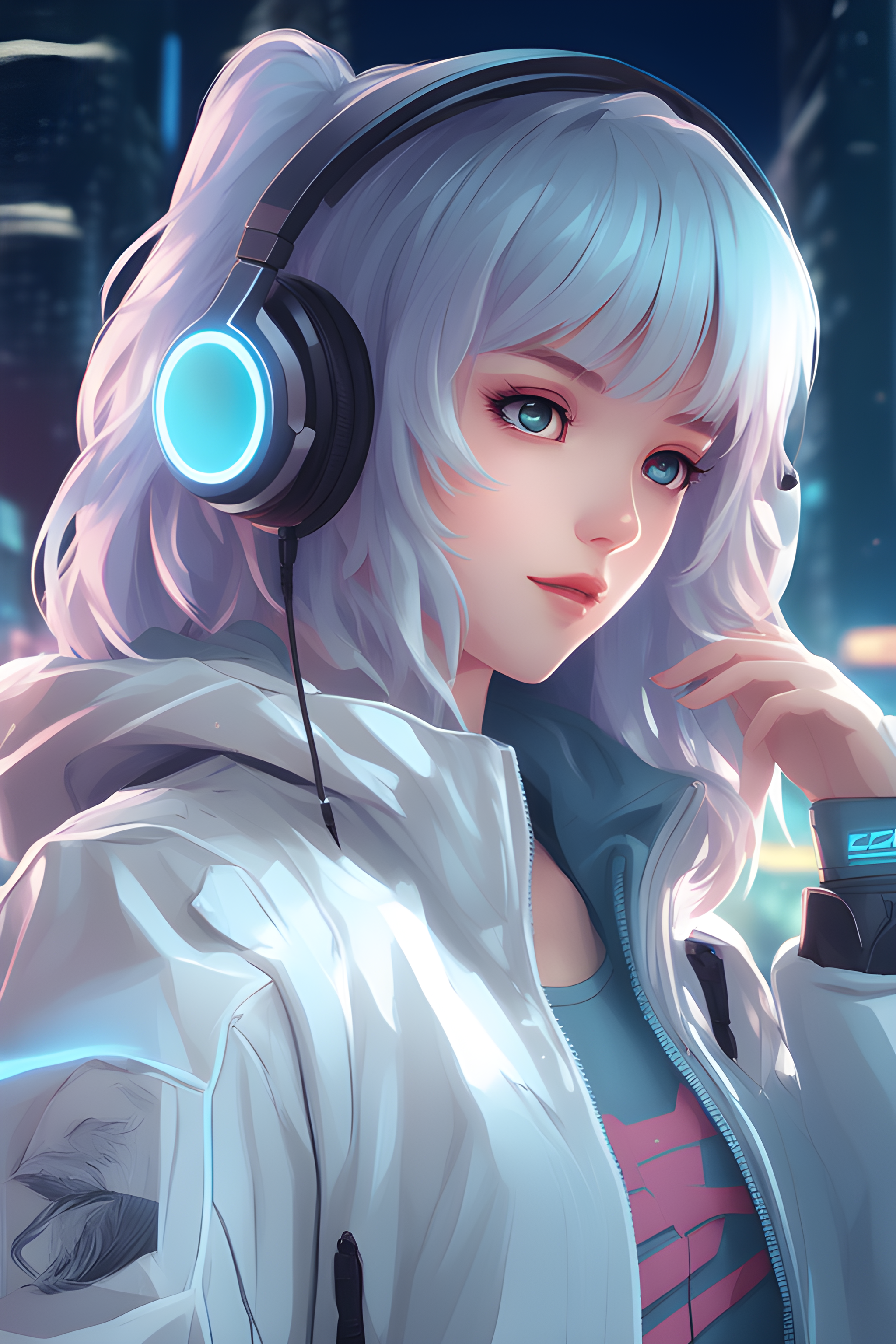 anime girl with headphones and a jacket, anime style 4 k, digital cyberpunk anime art, anime art wal...