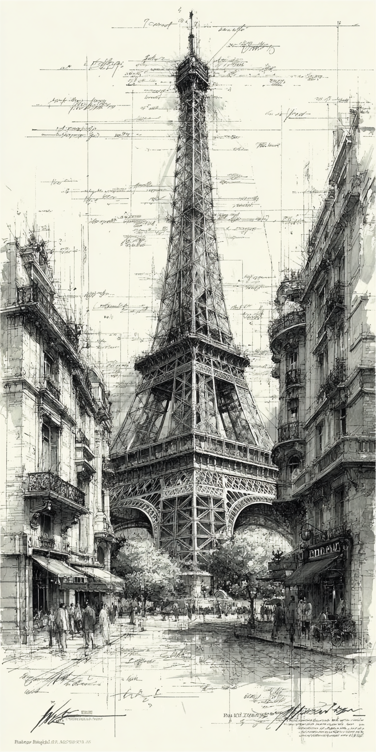 Diagramatic drawing of the Eiffel Tower --ar 1:2 --stylize 750