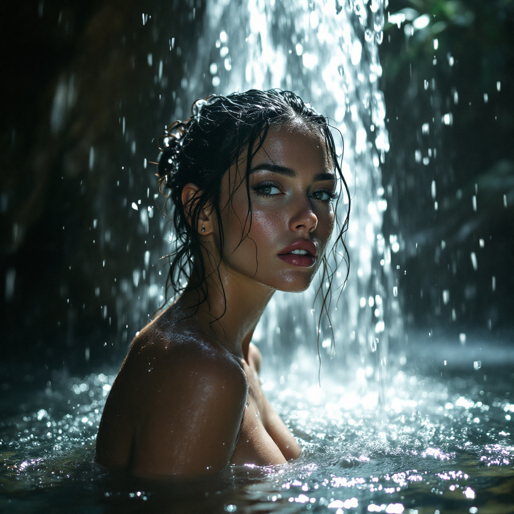 masterpiece,,very seductive photomodel under a waterfall,waterdrops on skin,dynamic lights,waterfall...
