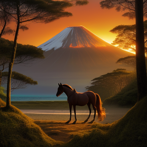 horse in forest, near beach and volcano, sunrise