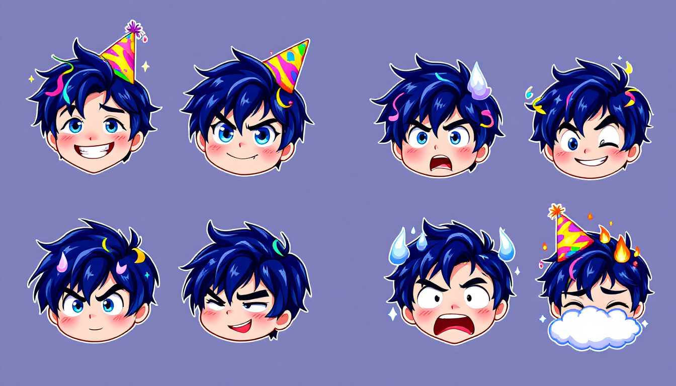**Image Prompt:**
"Create a set of 10 detailed, unique emojis depicting a boy with indigo hair, arra...