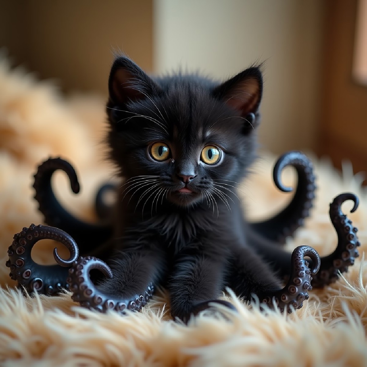Capture a hyper-realistic photograph of a unique creature, a black octopus kitten. The body of the creature should be a