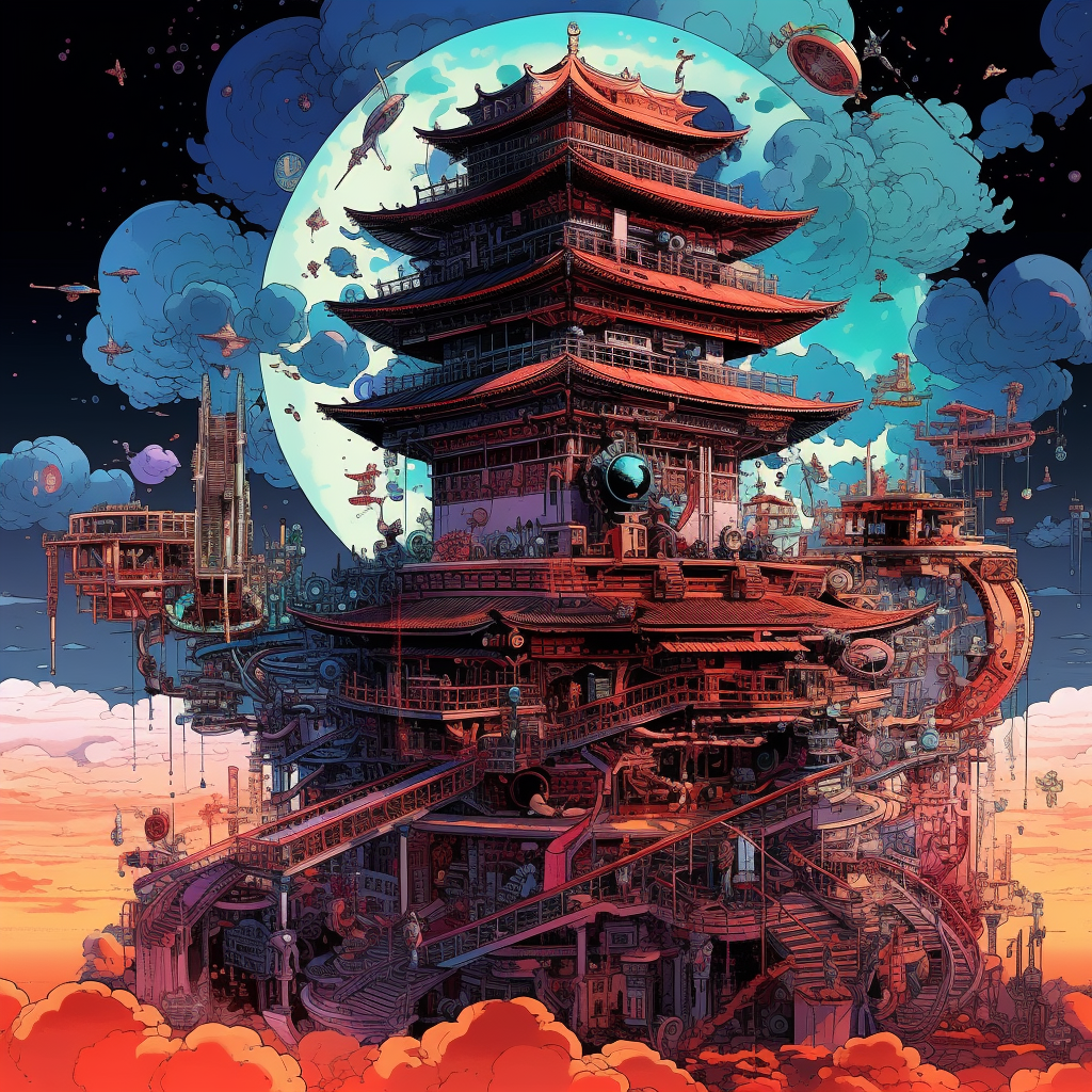knolling Temple，Suspended in Space Mechanical Sense Deconstruction Grand Fiction Religious 90s Japan...
