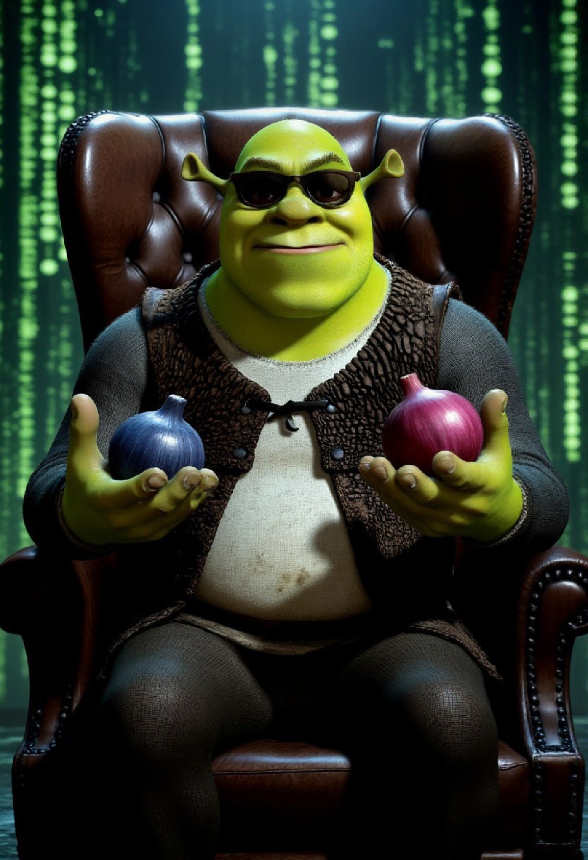 Shrek as Morpheus from The Matrix, round black sunglasses, sitting confidently on a sleek leather chair. He holds out tw