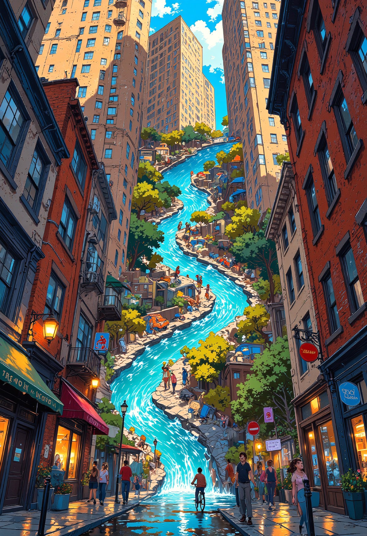 A bustling city street folds and twists like a crumpled sheet of paper, yet the people walking along it seem unfazed. Bu