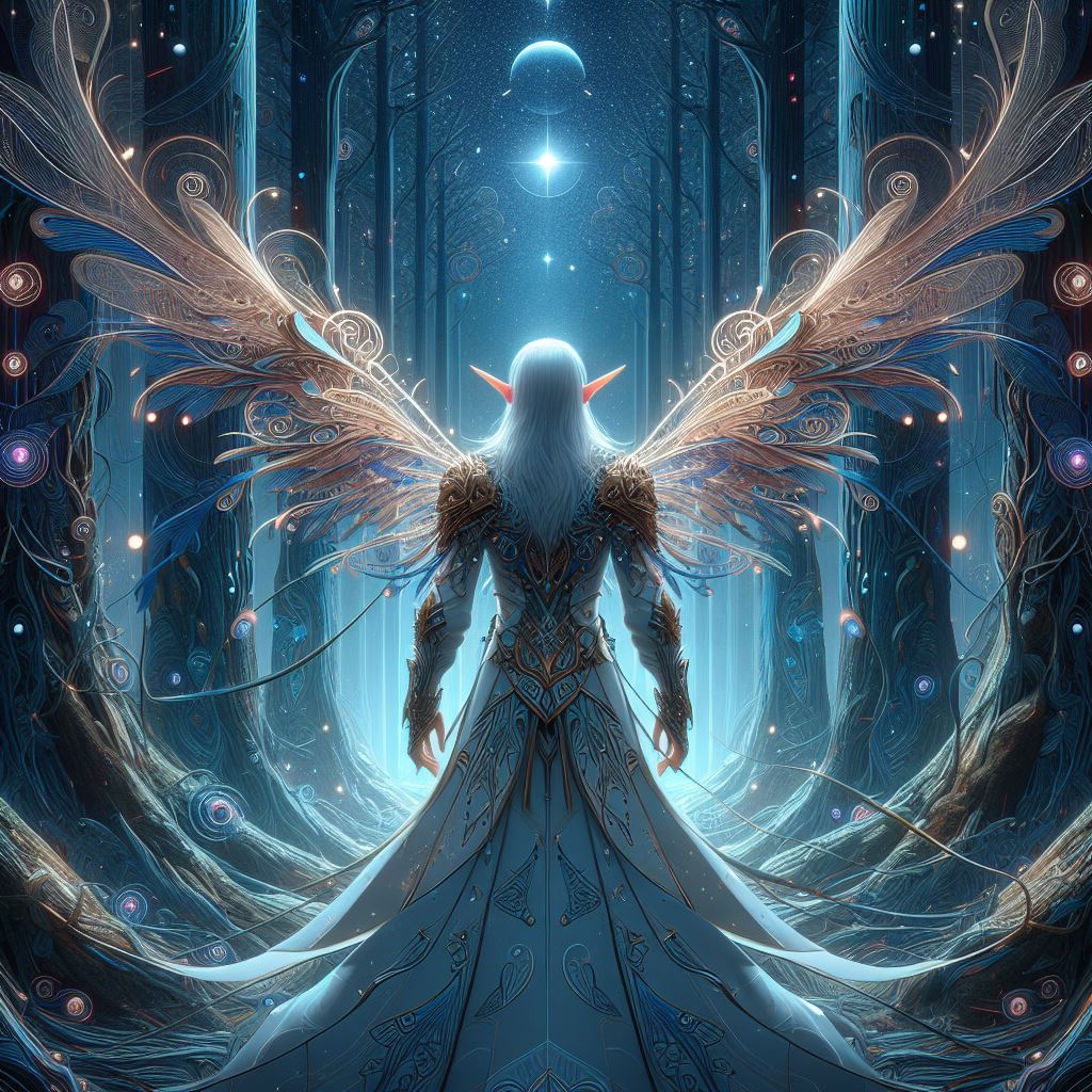 high elf in a high forest, magic design, futuristic design, astropunk, glazing, ultra detailed, zodi...