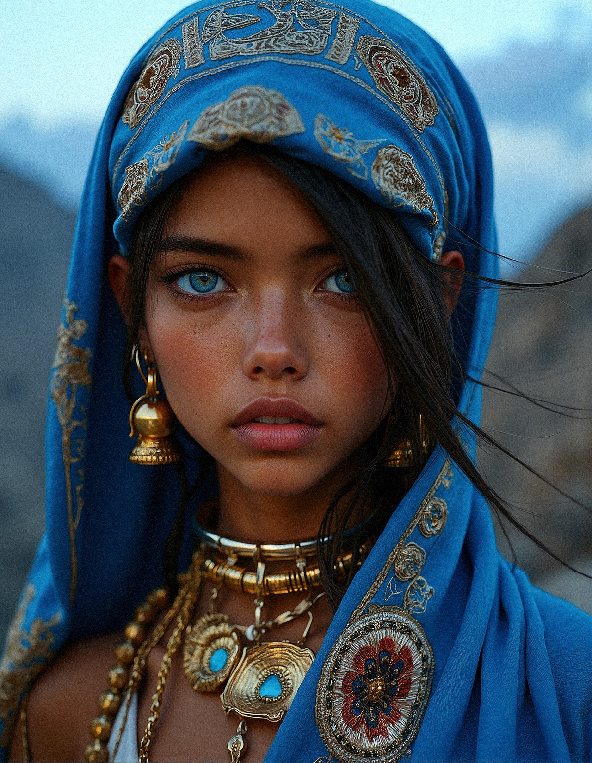 hyper-realistic photography close-up portrait of a conservative tribal young tanned  beauty wearing a traditional headsc