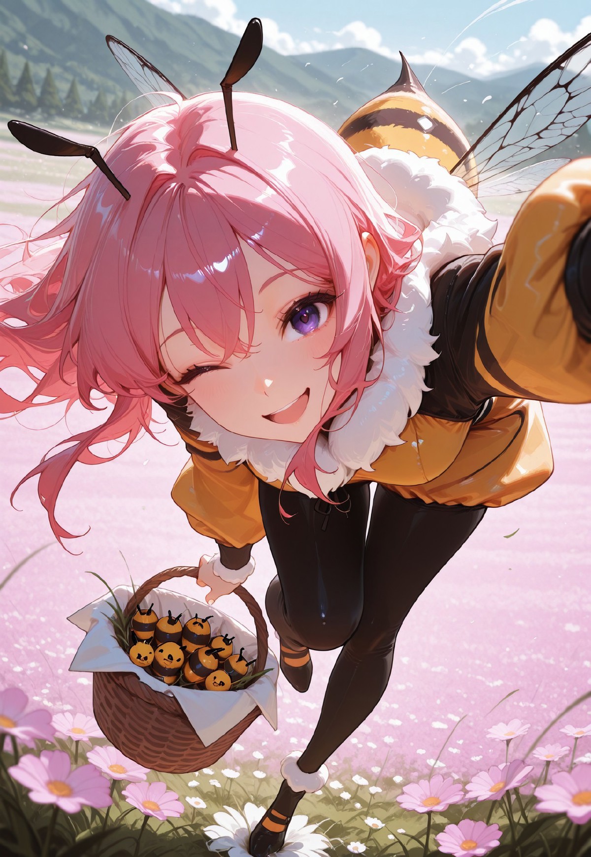 Hey you! CivChan needs your buzz, solo, (floating, midair), [bent over], reaching out to viewer, dangling legs, spring,