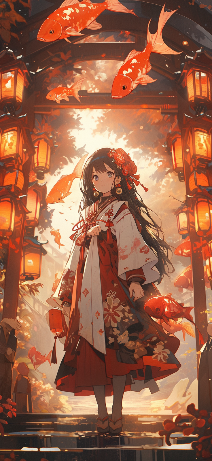 a young lady with lanterns and koi fish, in the style of dynamic anime, light brown and red, festive...