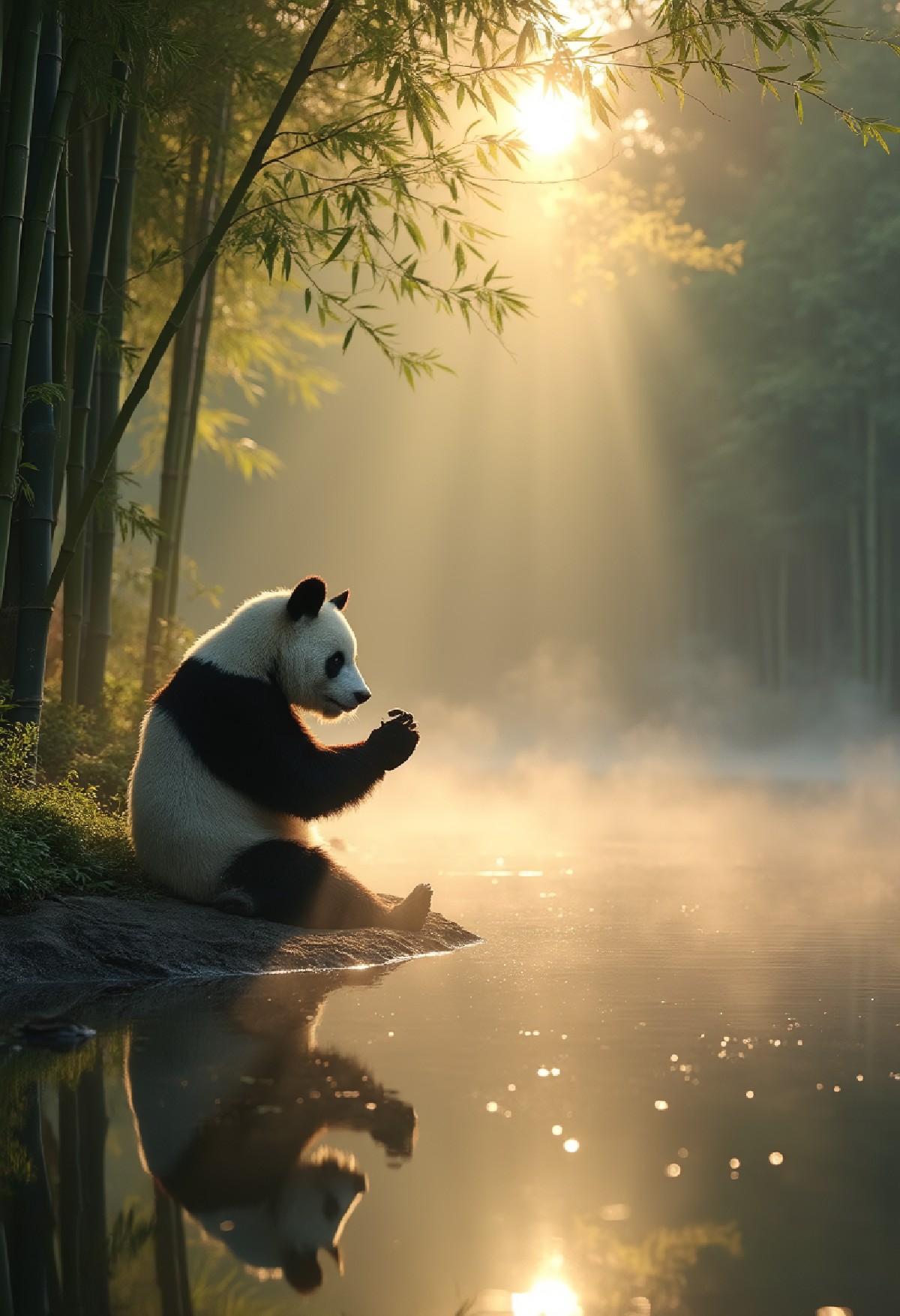 tranquil pond in a bamboo forest at dawn, sun is barely starting to peak over the horizon, panda practices Tai Chi near