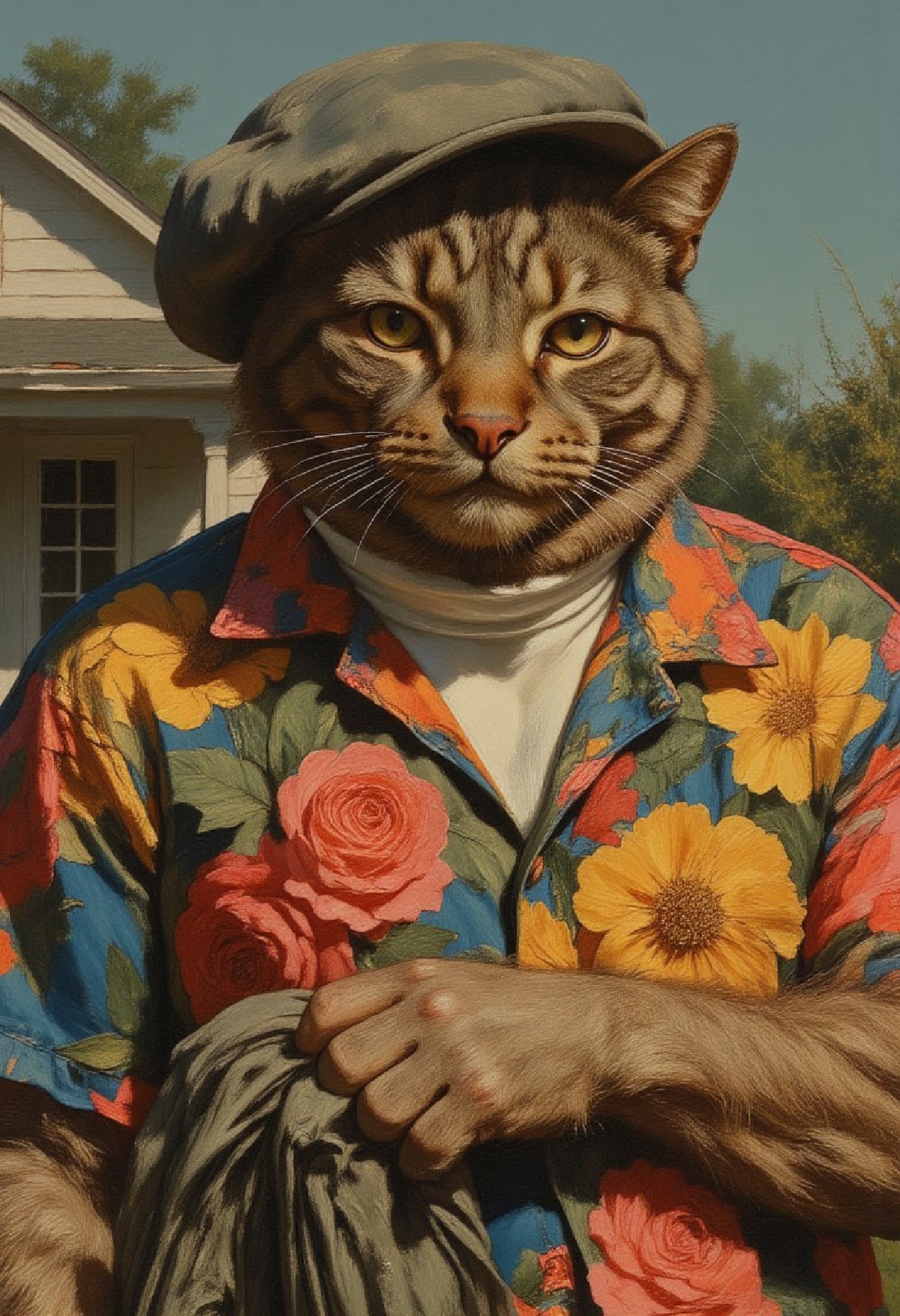 high quality, Oil Painting, A hyper-realistic Create a detailed, realistic image of a tough, overweight cat wearing a ca