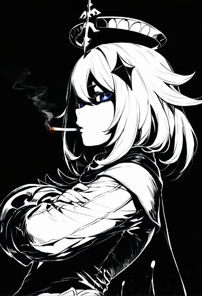 Smooth_Quality, solo, paimon \(genshin impact\), empty eyes, half-closed eyes, annoyed, star-shaped pupils, halo, smokin