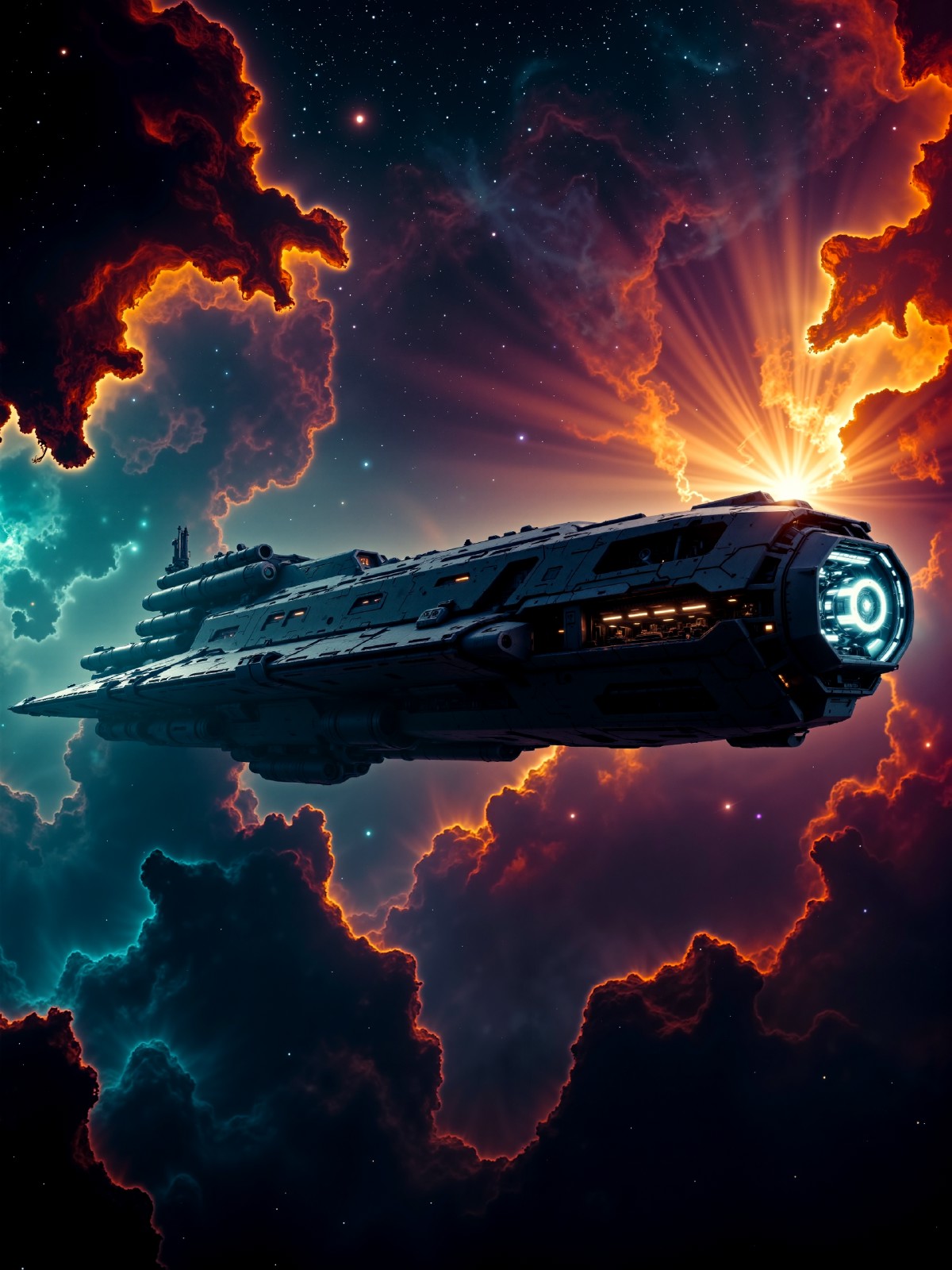 a  digital artwork depicting a massive, futuristic spaceship floating in the vastness of space, viewed from a slightly l