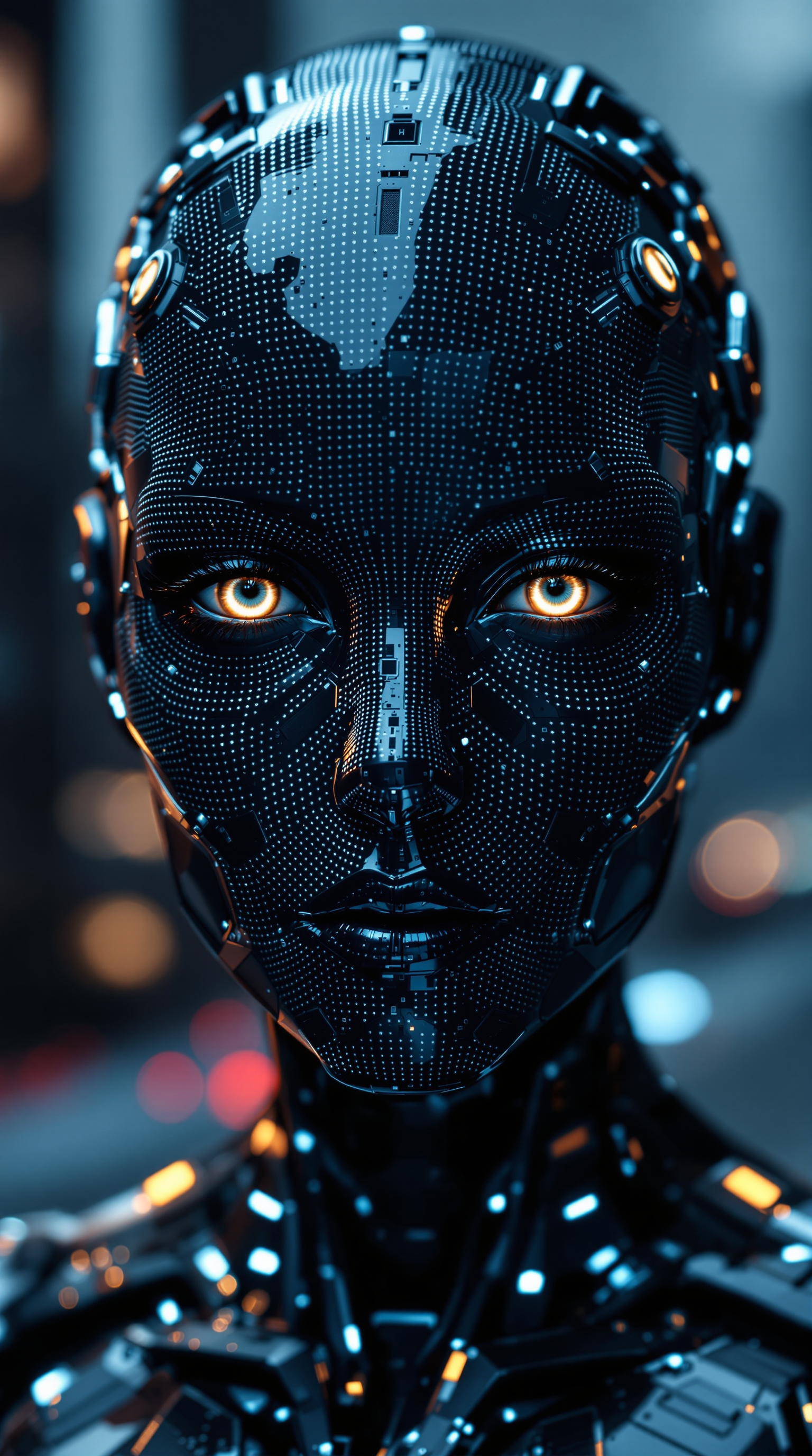 A gritty digital photograph of an advanced humanoid robot's head and upper shoulders, 2/3 view, desi...