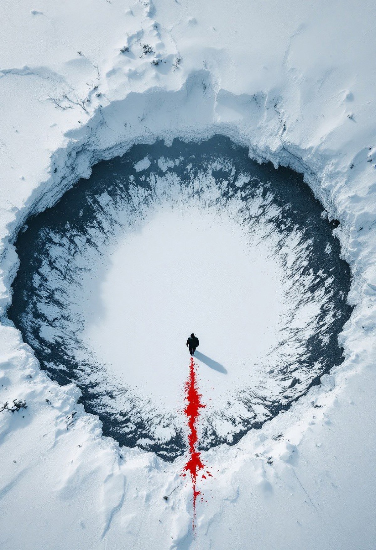 Durvasa gas crater, surreal minimalism aerial view, top view looking down at a man in black walking in the snow with a b