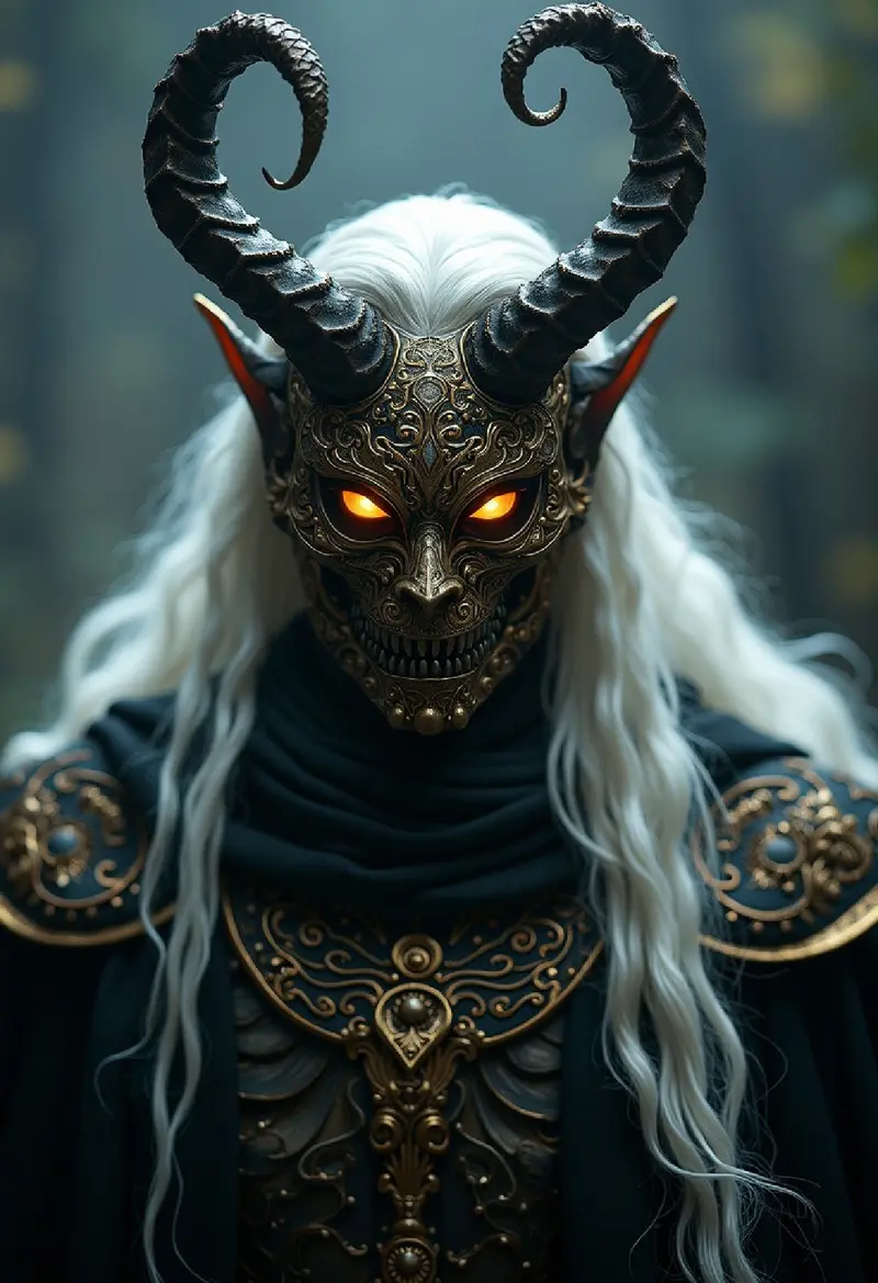 A menacing figure with a demonic mask adorned with intricate golden details and two large, twisted horns. The character
