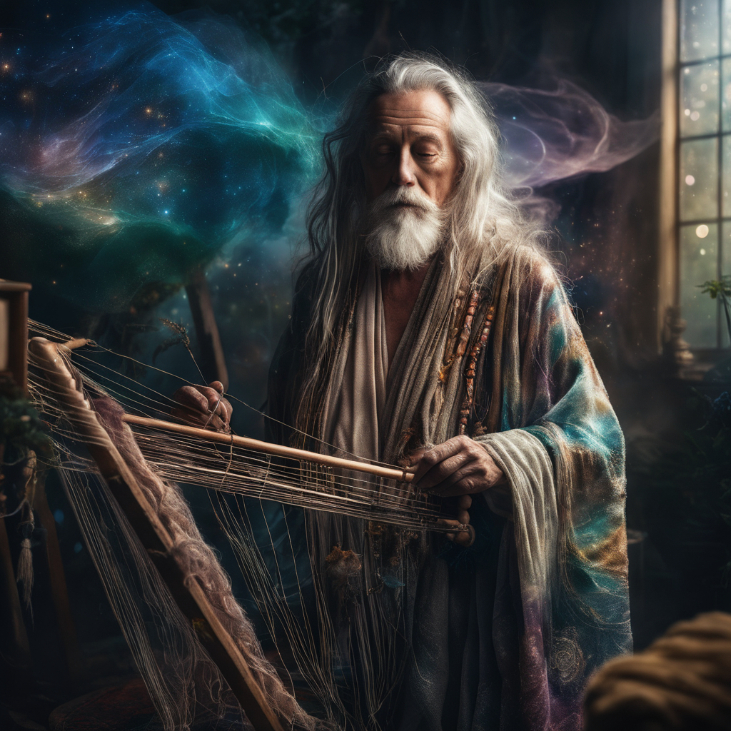 A mystical dream weaver, aged 65, adorned with flowing robes and holding a loom that weaves dreams i...