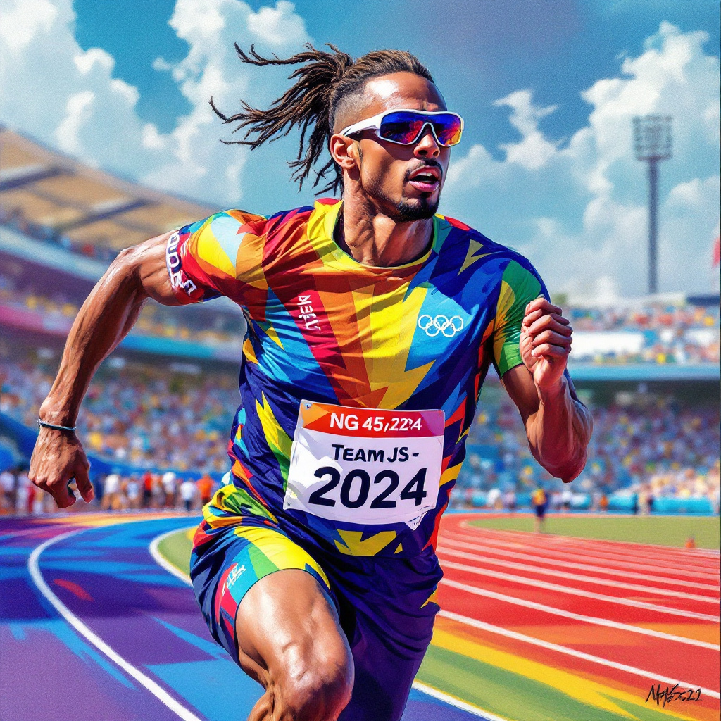 A vibrant and detailed airbrushed painting of an Olympic runner, in the style of Greg Rutkowski, ado...
