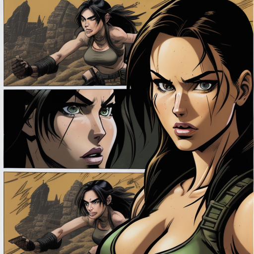 lara croft, in the style of comic book-style art, bold, manga-inspired characters, close up, cartoon...