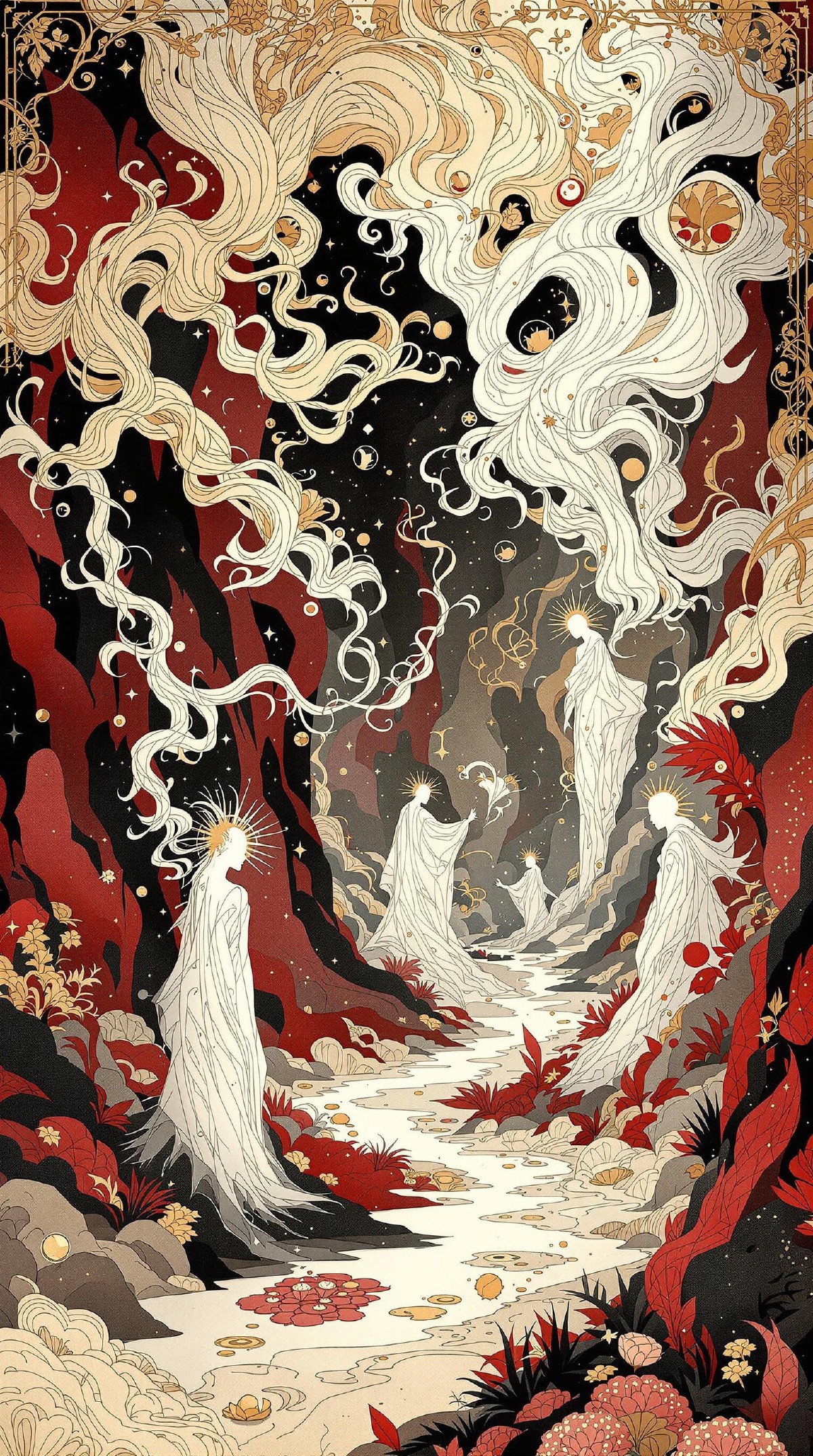 A beautifully drawn contemporary illustration by Ryan Sook featuring a mysterious scene where swirling ethereal lines mi