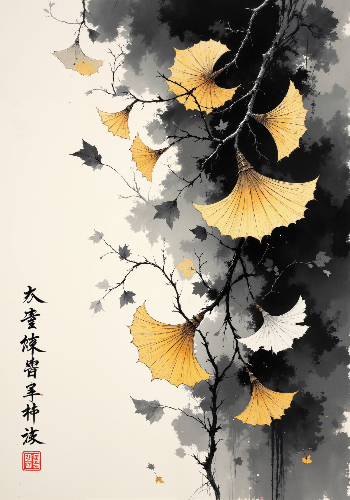 Poetic sumi-e with meticulously rendered gingko leaves cascading across washi paper, embodying the concept of mono no aw