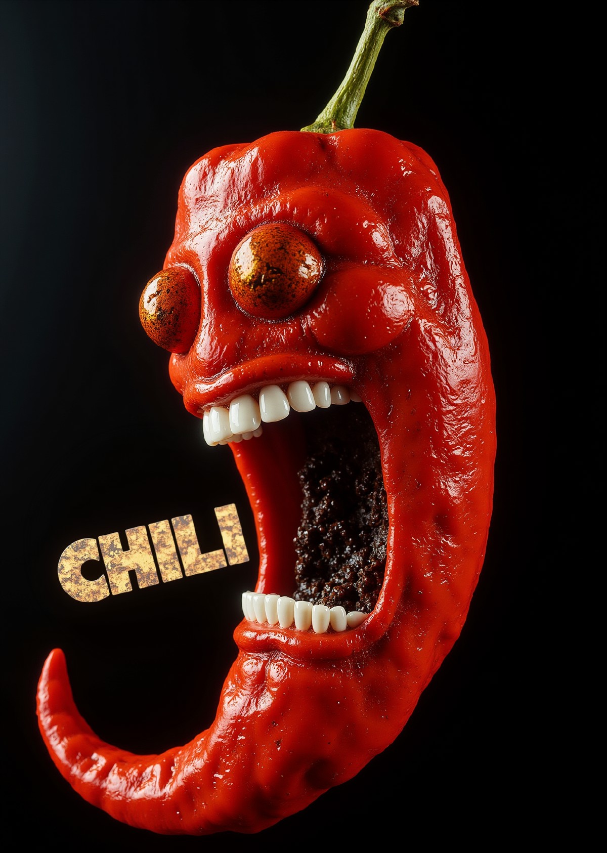 Distorted chili pepper with corrupted 3D mesh, flickering crimson and gold glitch textures, grinning with pixelated whit