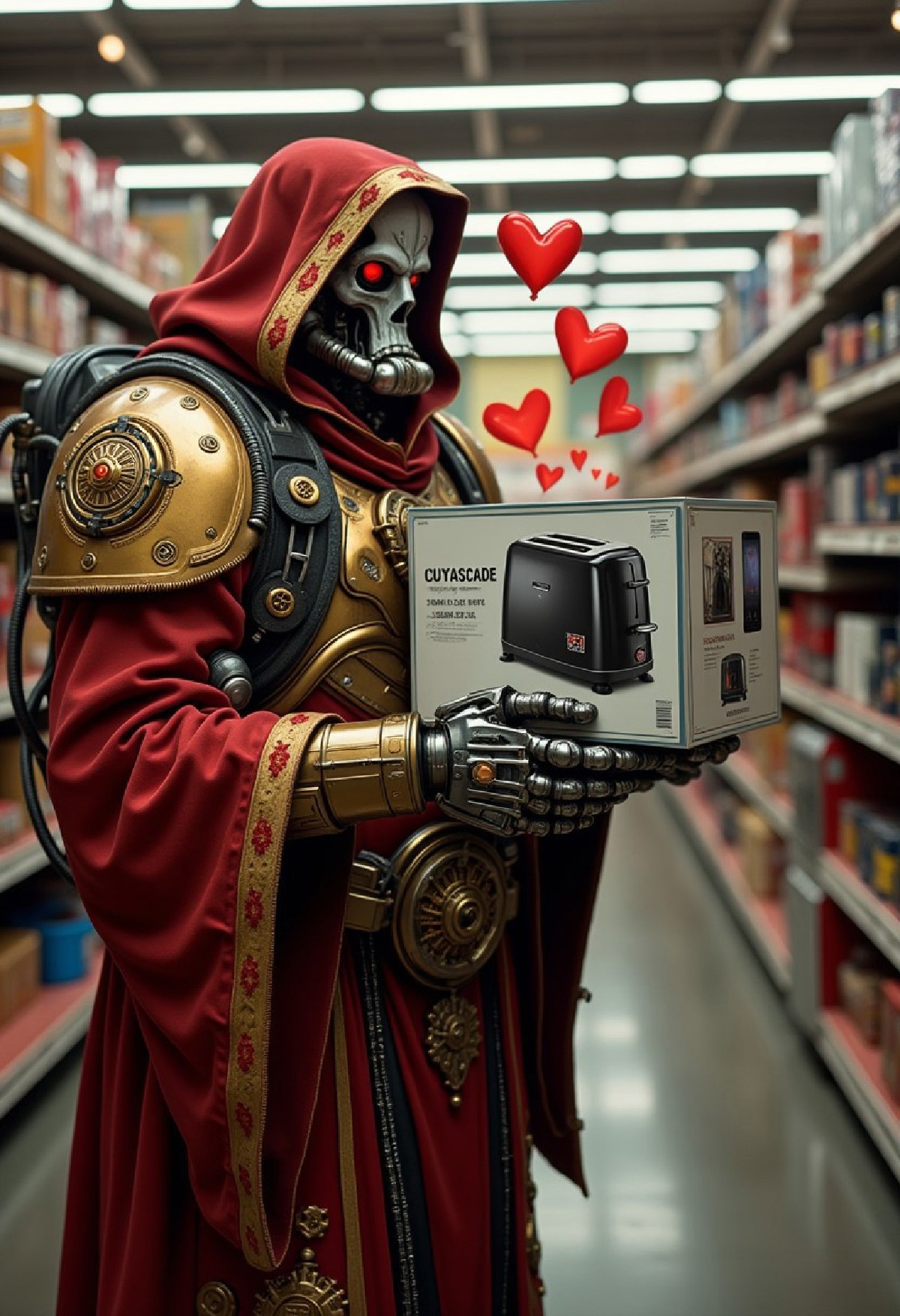 A  depiction of a Warhammer 40k Techpriest standing in the middle of a brightly lit Home Depot, blending grimdark sci-fi