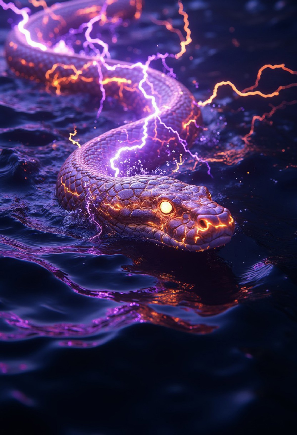 An epic, close-up image of a massive electric snake with a long, sinuous body gliding through dark, shadowy waters under