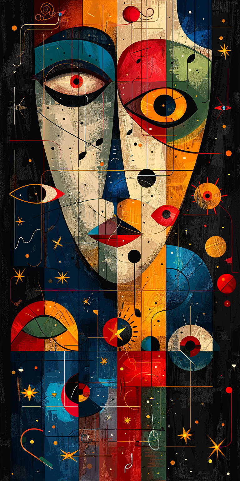Abstract vector illustration of various symbols and characters, including musical notes, eyes with d...