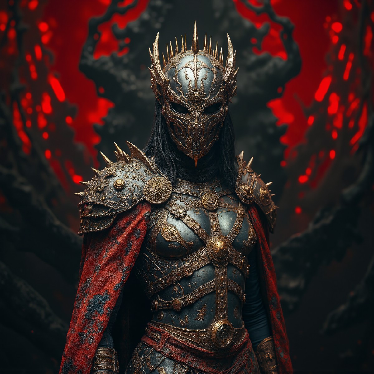 This is a cinematic still depicting a fantasy warrior with an otherworldly, armored appearance. The figure stands in a d