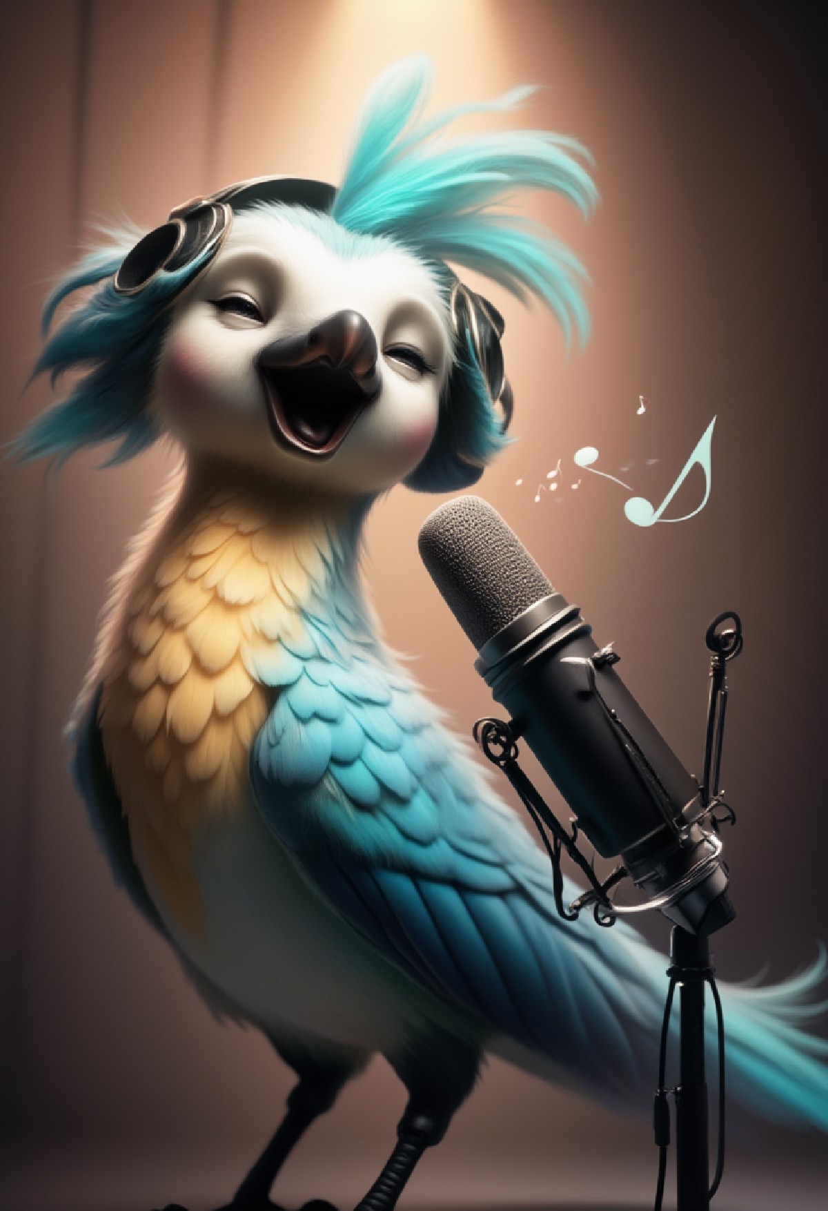 The anthropomorphic bird, wearing elegant headphones, stands proudly in front of a high-quality microphone and sings the