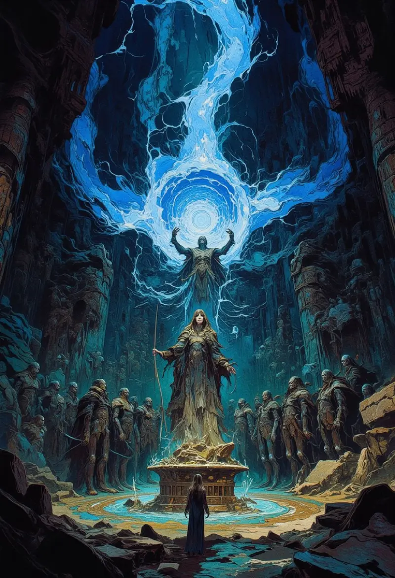 An eerie, dark cavern illuminated by a faint, mystical blue glow emanating from an ancient, rune-carved pedestal. Surrou