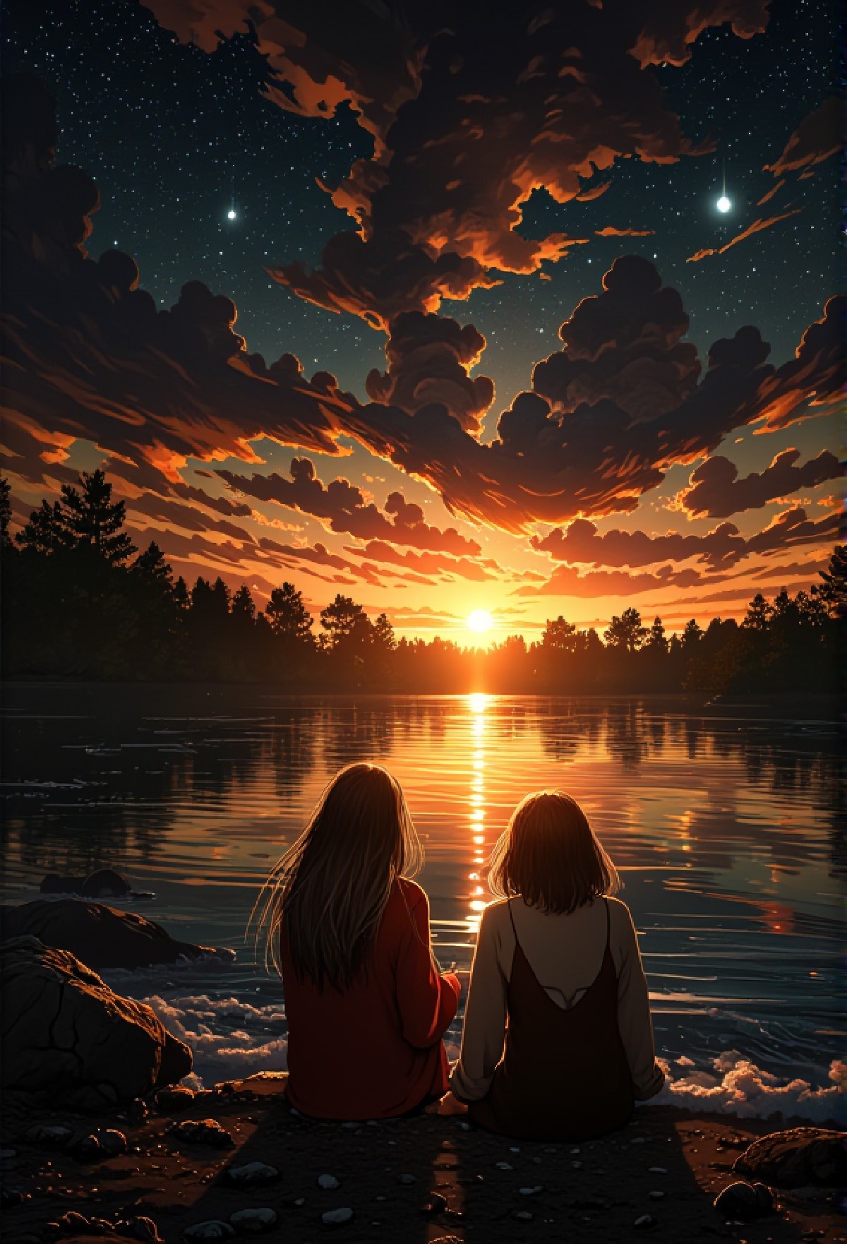 golden hour scene of two friends sharing a quiet moment. The scene showcases a sky filled with shimmering stars and cons