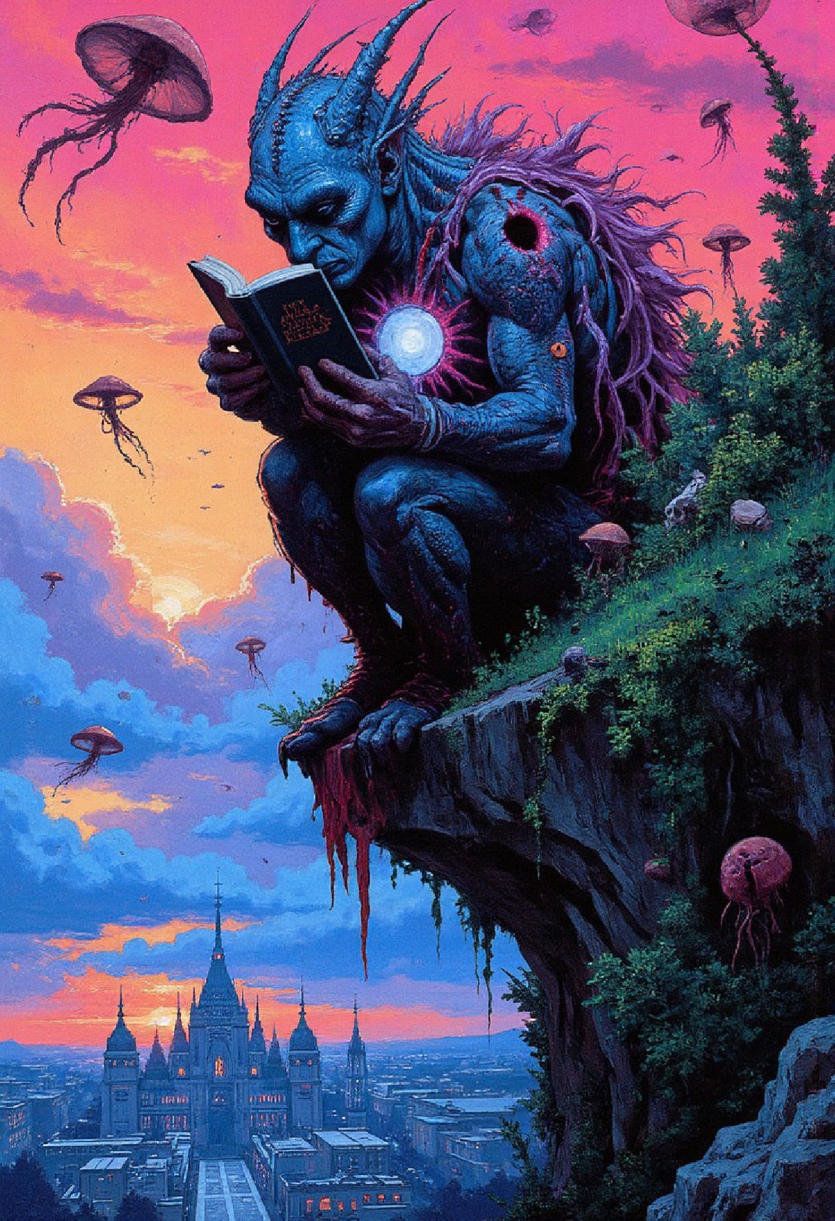 A strange, floating island high in the clouds, bathed in psychedelic hues of pinks, blues, and greens. The chameleon man