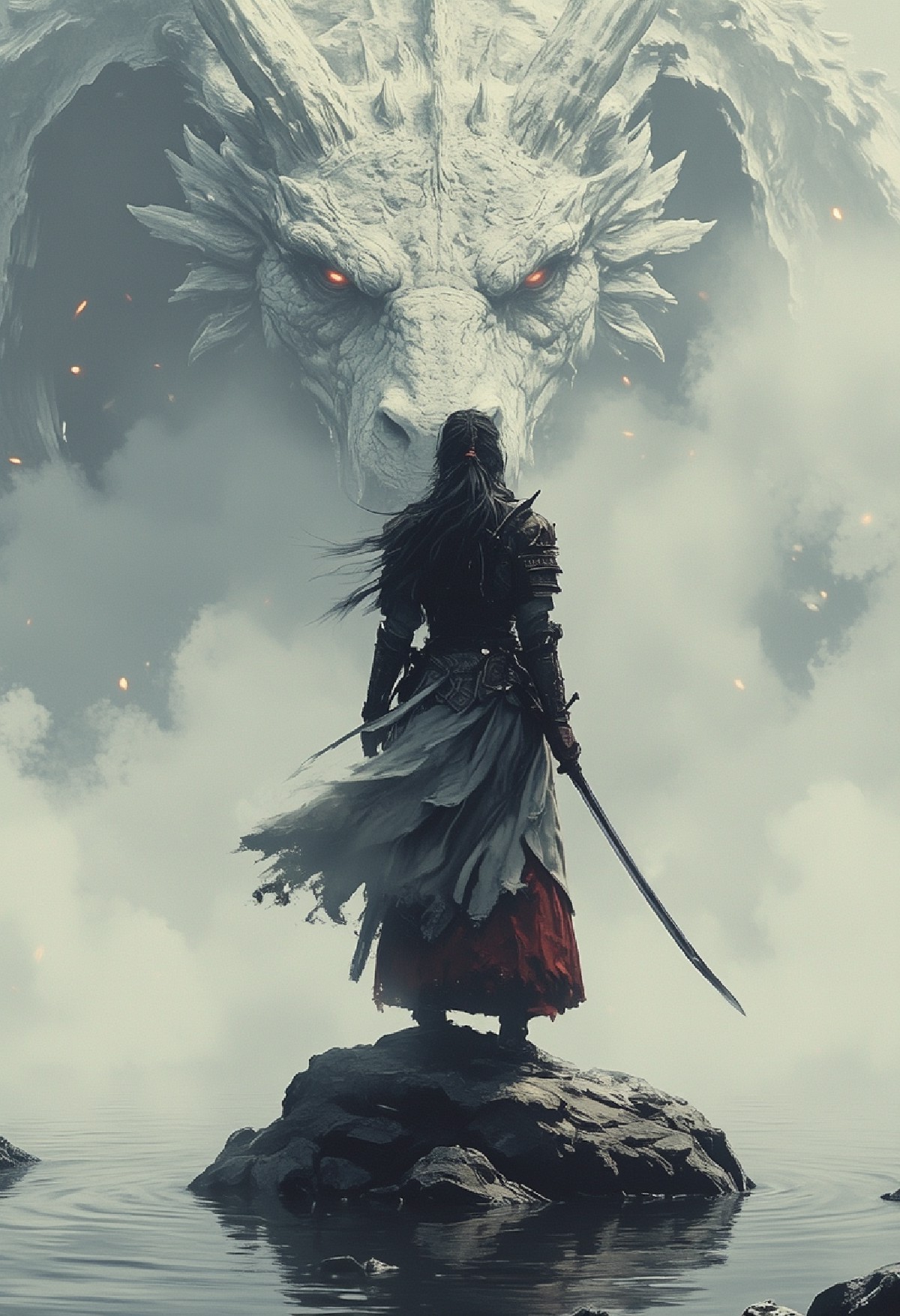 A female asian samurai, wearing intricate armor and katana, balances on a rock in the middle of a misty lake. Ripples sp