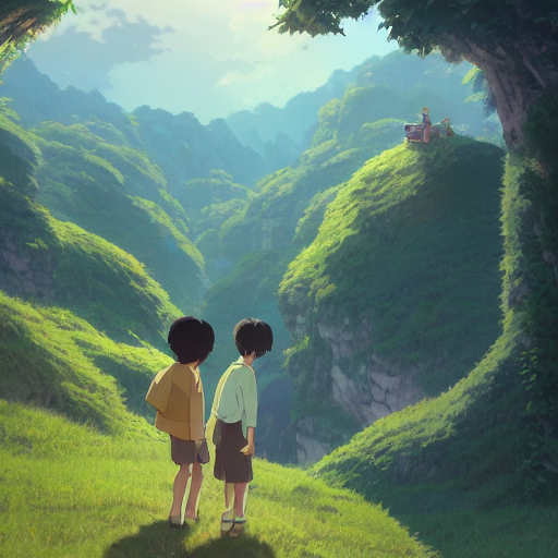 a highly detailed matte painting of a young boy and girl at the bottom of a huge hill by studio ghib...