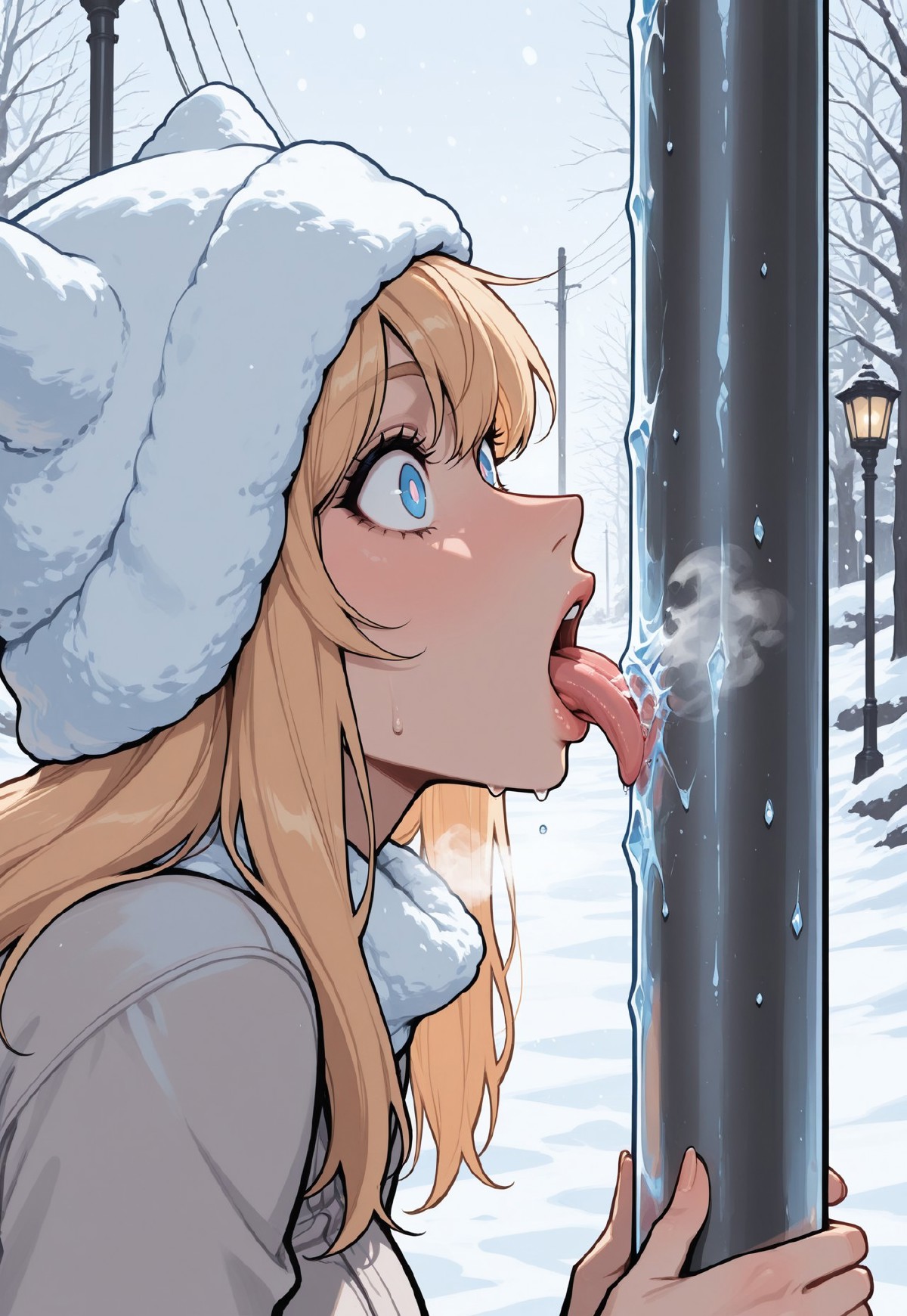 (dynamic:1), 1girl, plamix, adult, (lips:0.7), cold, metal pole, streetlamp, winter, snow, wool hat, long blonde hair, p
