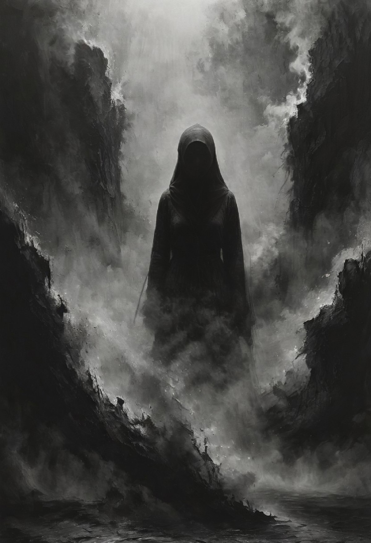 surreal black and white dark textured depiction of faceless girl burning, turning into charcoal, dreamlike atmosphere. b