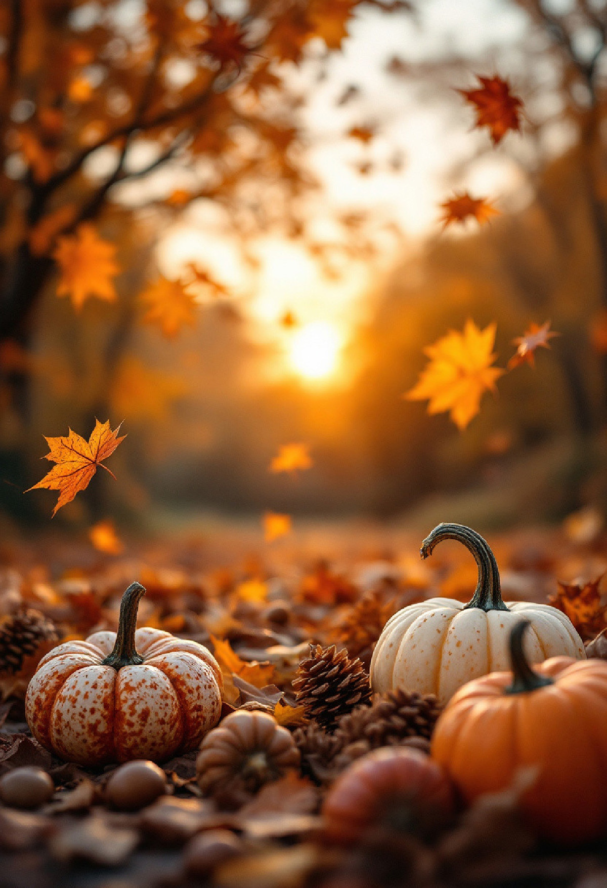 An artistic composition of falling autumn leaves, pumpkins, and acorns, creating a cozy and warm atmosphere, with a blur