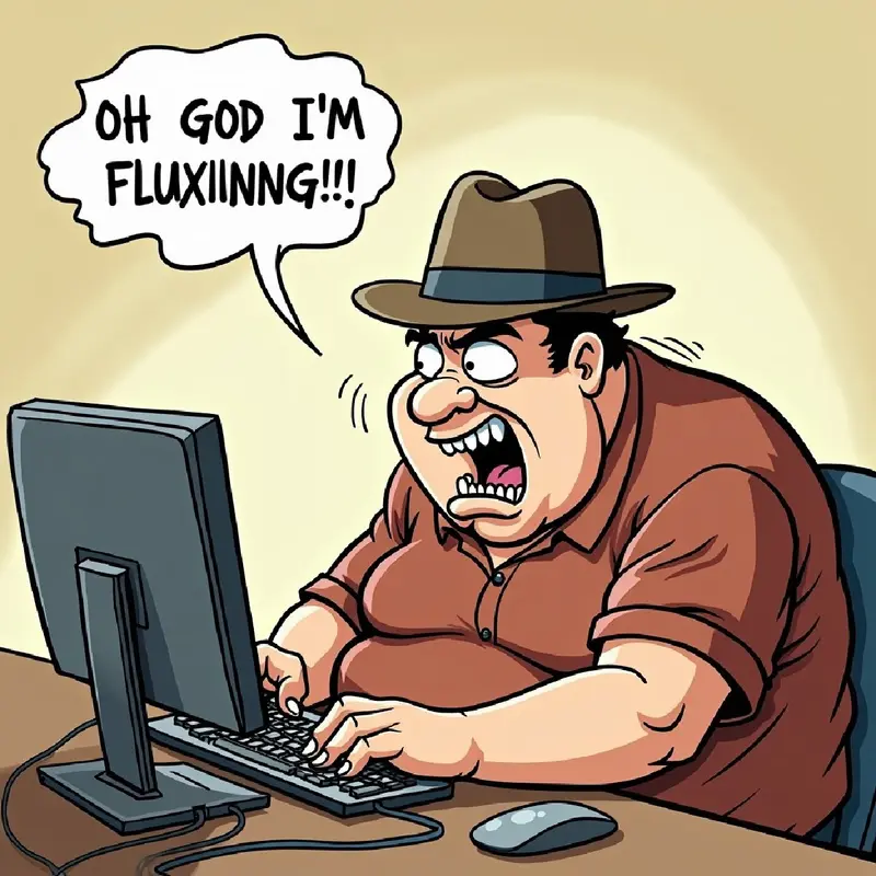 Cartoon of an overweight man wearing a fedora, hunched over a computer keyboard typing furiously. The man is sweating an