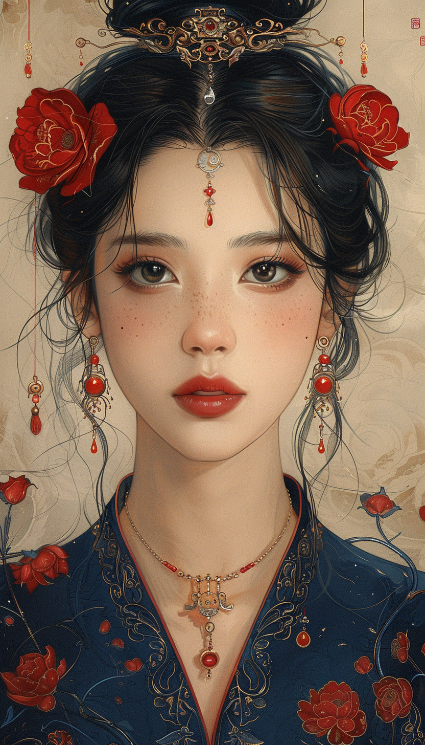 asian woman, ilustration, in the style of anime aesthetic, hand-painted details --ar 73:128 --styliz...