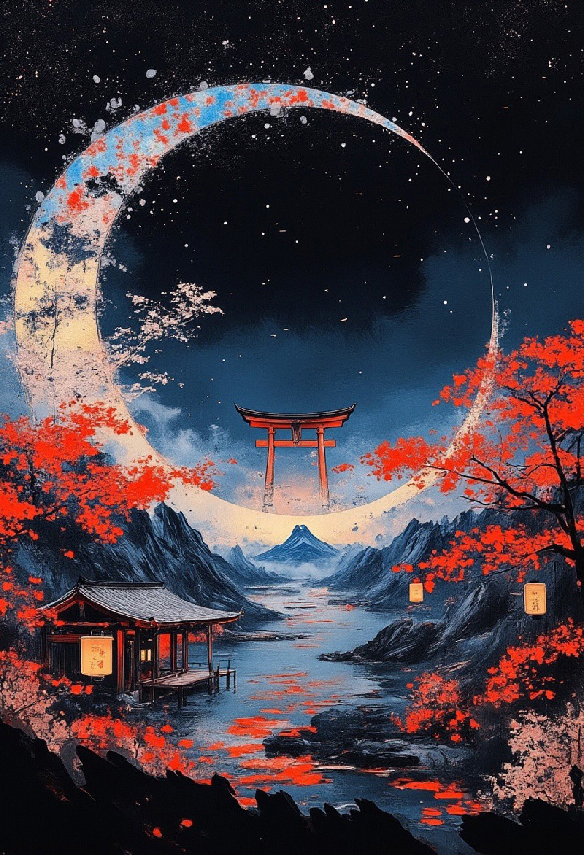 A surreal Japanese landscape inspired by parallel worlds — ancient and futuristic realities colliding. Ethereal floating