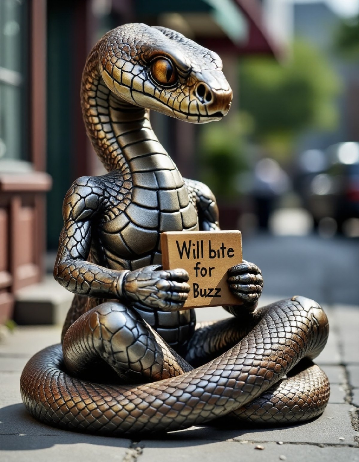 The realistic metallic snake somehow grew arms and began to beg for Buzz to feed his gambling habit. He sits on the conc