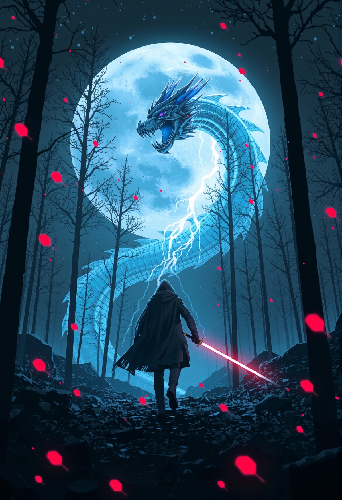 evil frozen dragon, realistic, In a cyberpunk-inspired realm, Theme: Futuristic, cyberpunk-inspired The Moon: A figure,