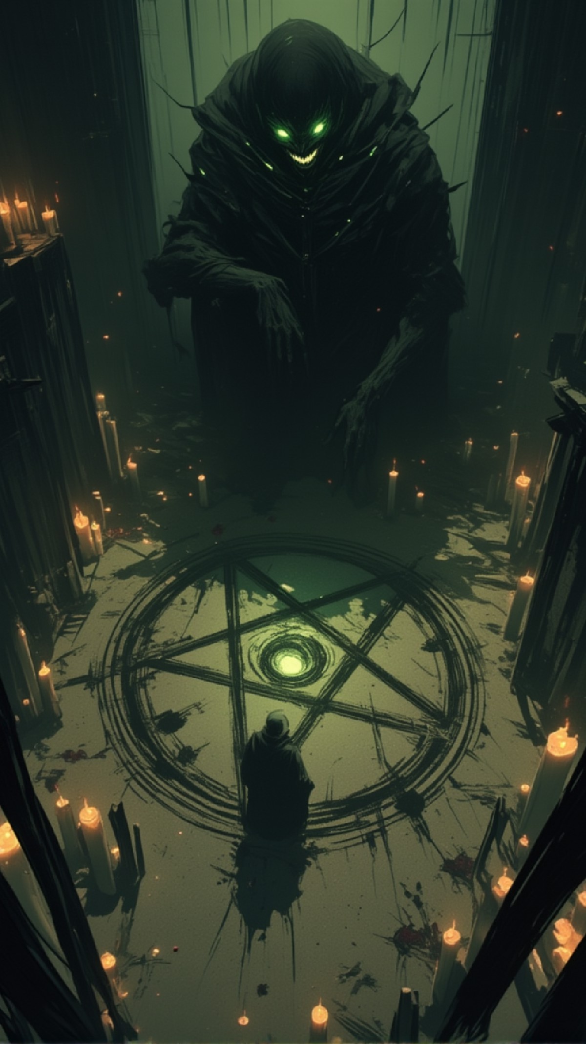 A master-level, dark fantasy scene set in a dimly lit, ominous room. The floor is marked with a large, blood-drawn penta