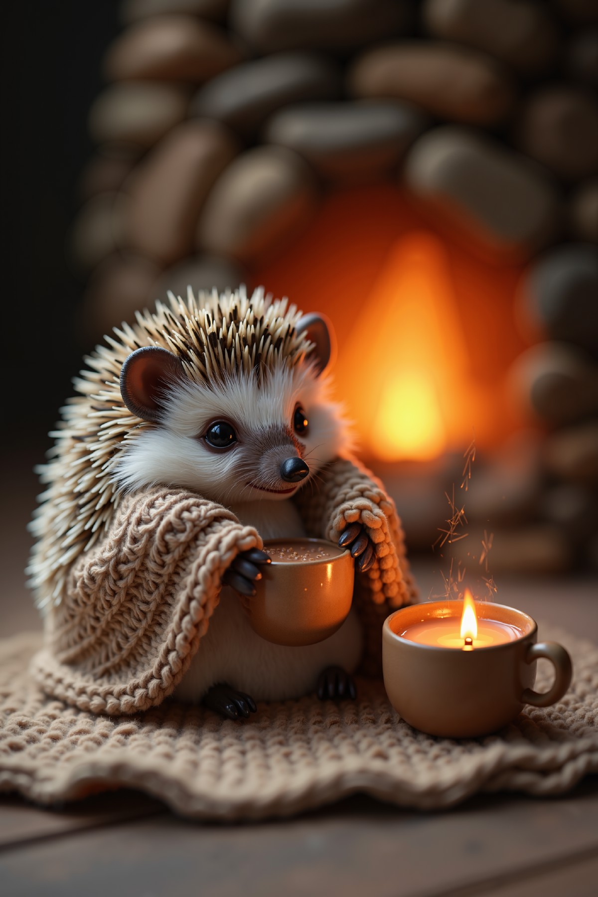 A tiny hedgehog wrapped snugly in a miniature blanket, holding a tiny cup of hot chocolate with both paws, sitting by a