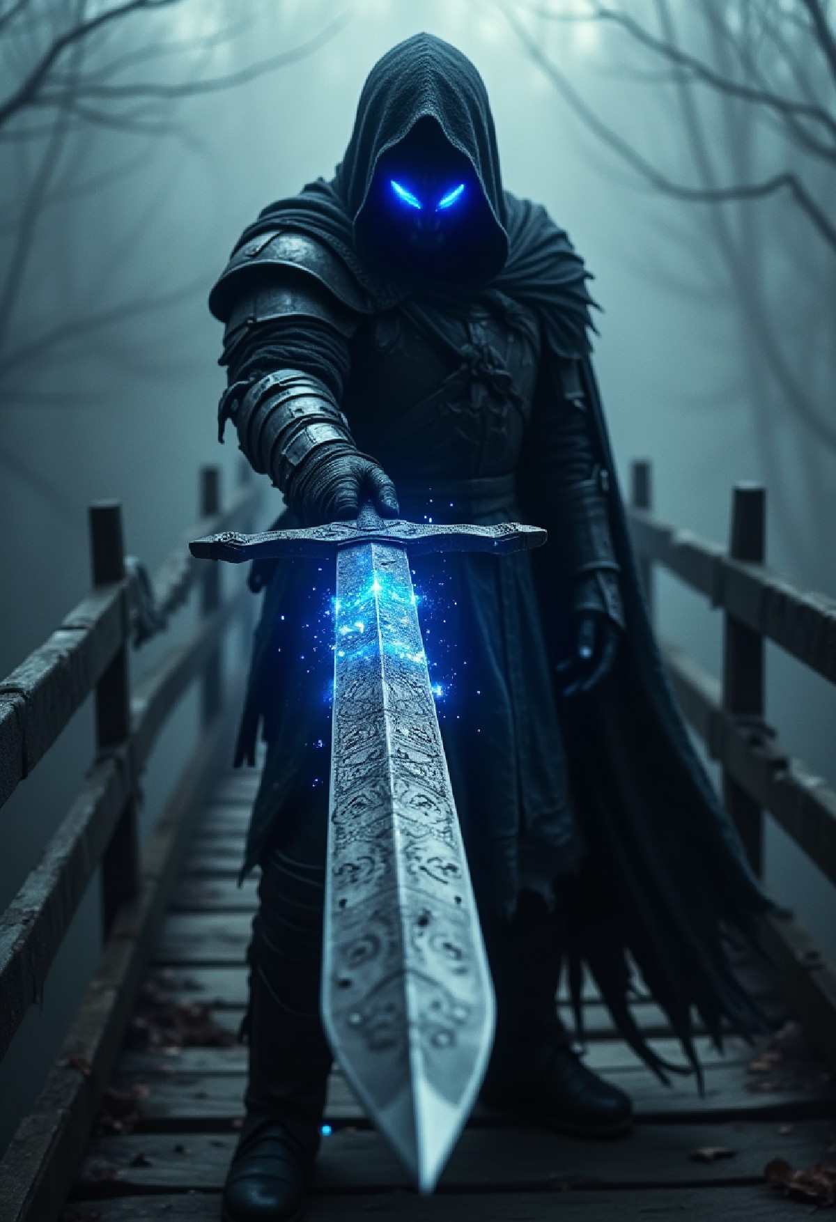 An abyssal knight, draped in tattered, dark armor that pulses with a faint, eerie glow, stands on a creaking wooden brid